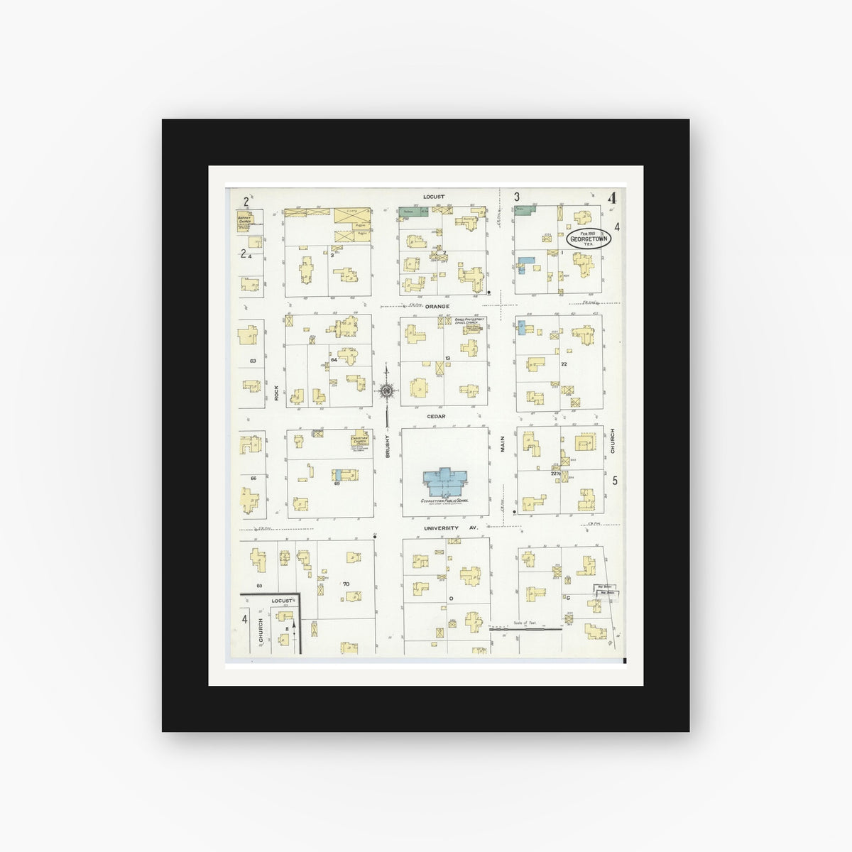 Old map wall art mockup — black gallery frame with white mat — Sanborn Fire Insurance Map from Georgetown, Williamson County, Texas (1910), Sheet #0004