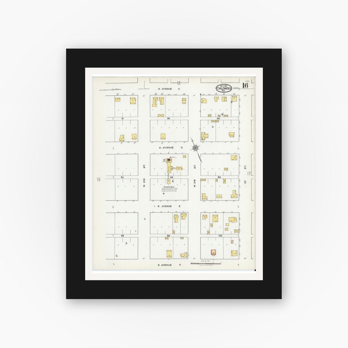 Old map wall art mockup — black gallery frame with white mat — Sanborn Fire Insurance Map from Childress, Childress County, Texas (1921), Sheet #0016