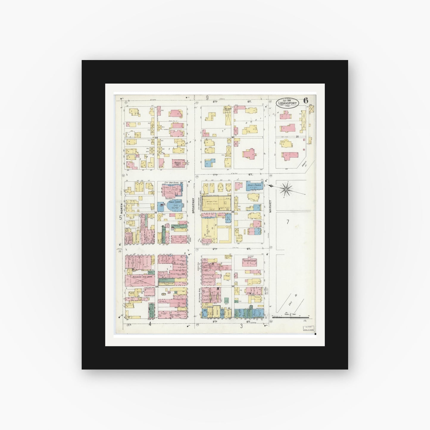 Old map wall art mockup — black gallery frame with white mat — Sanborn Fire Insurance Map from Logansport, Cass County, Indiana (1906), Sheet #0006