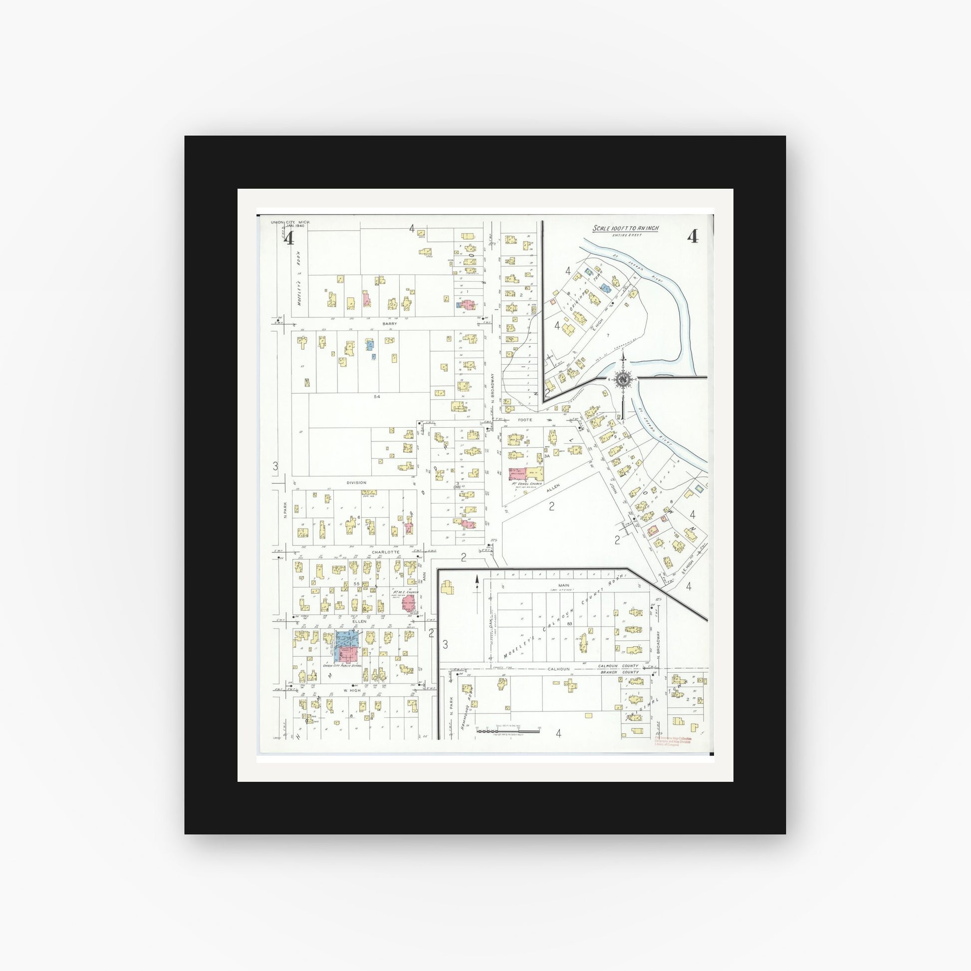 Old map wall art mockup — black gallery frame with white mat — Sanborn Fire Insurance Map from Union City, Branch And Calhoun Counties, Michigan (1940), Sheet #0004