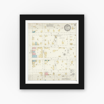 Old map wall art mockup — black gallery frame with white mat — Sanborn Fire Insurance Map from Hallettsville, Lavaca County, Texas (1896), Sheet #0001