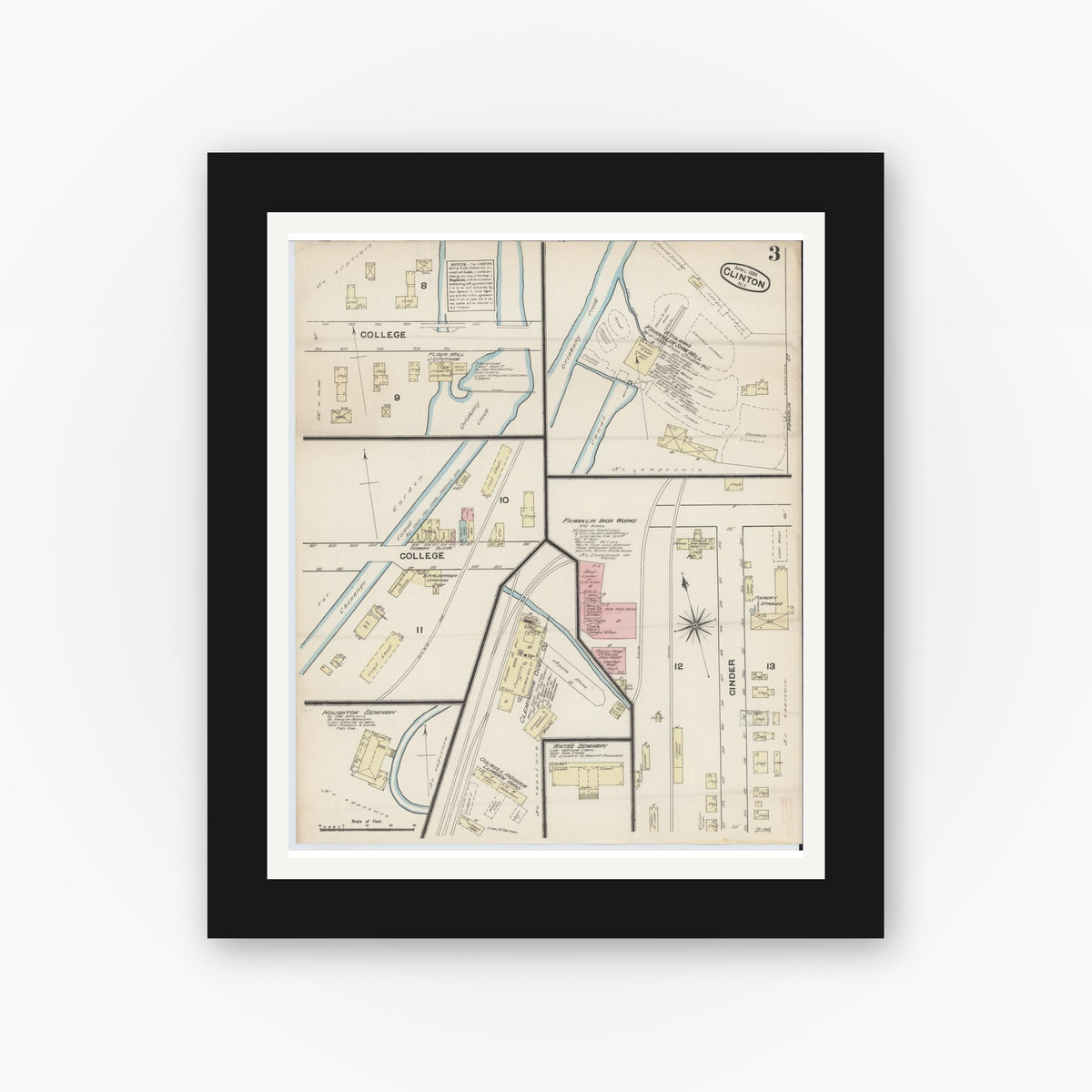 Old map wall art mockup — black gallery frame with white mat — Sanborn Fire Insurance Map from Clinton, Oneida County, New York (1884), Sheet #0003