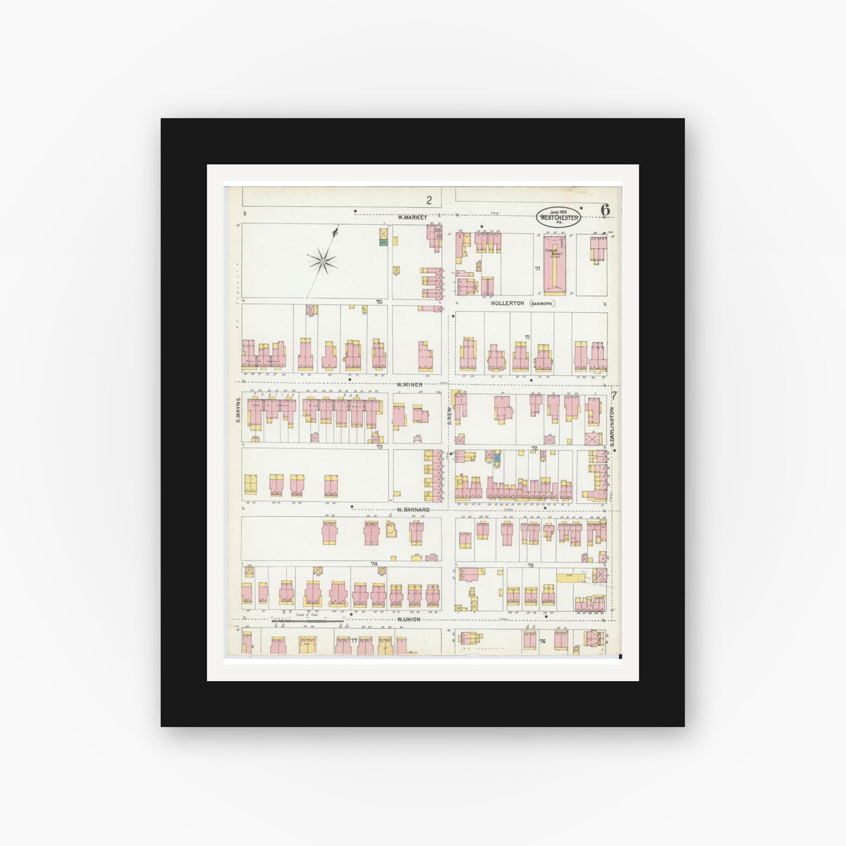 Old map wall art mockup — black gallery frame with white mat — Sanborn Fire Insurance Map from West Chester, Chester County, Pennsylvania (1902), Sheet #0006