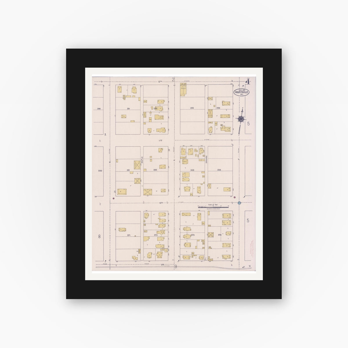 Old map wall art mockup — black gallery frame with white mat — Sanborn Fire Insurance Map from Marysville, Yuba County, California (1921), Sheet #0004