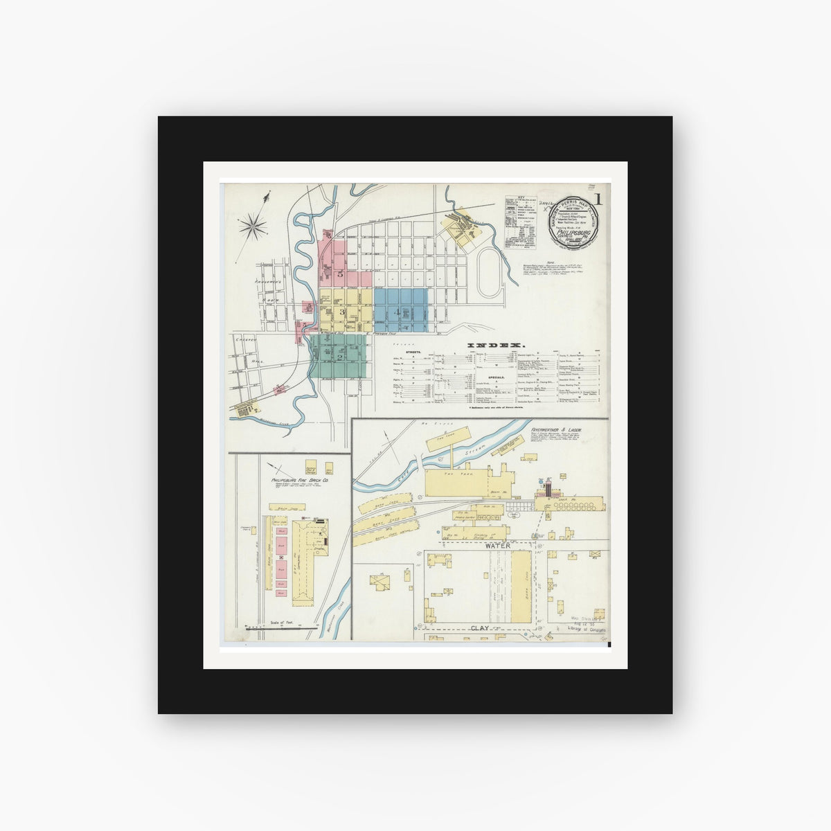 Old map wall art mockup — black gallery frame with white mat — Sanborn Fire Insurance Map from Philipsburg, Centre County, Pennsylvania (1892) - Complete Map Set