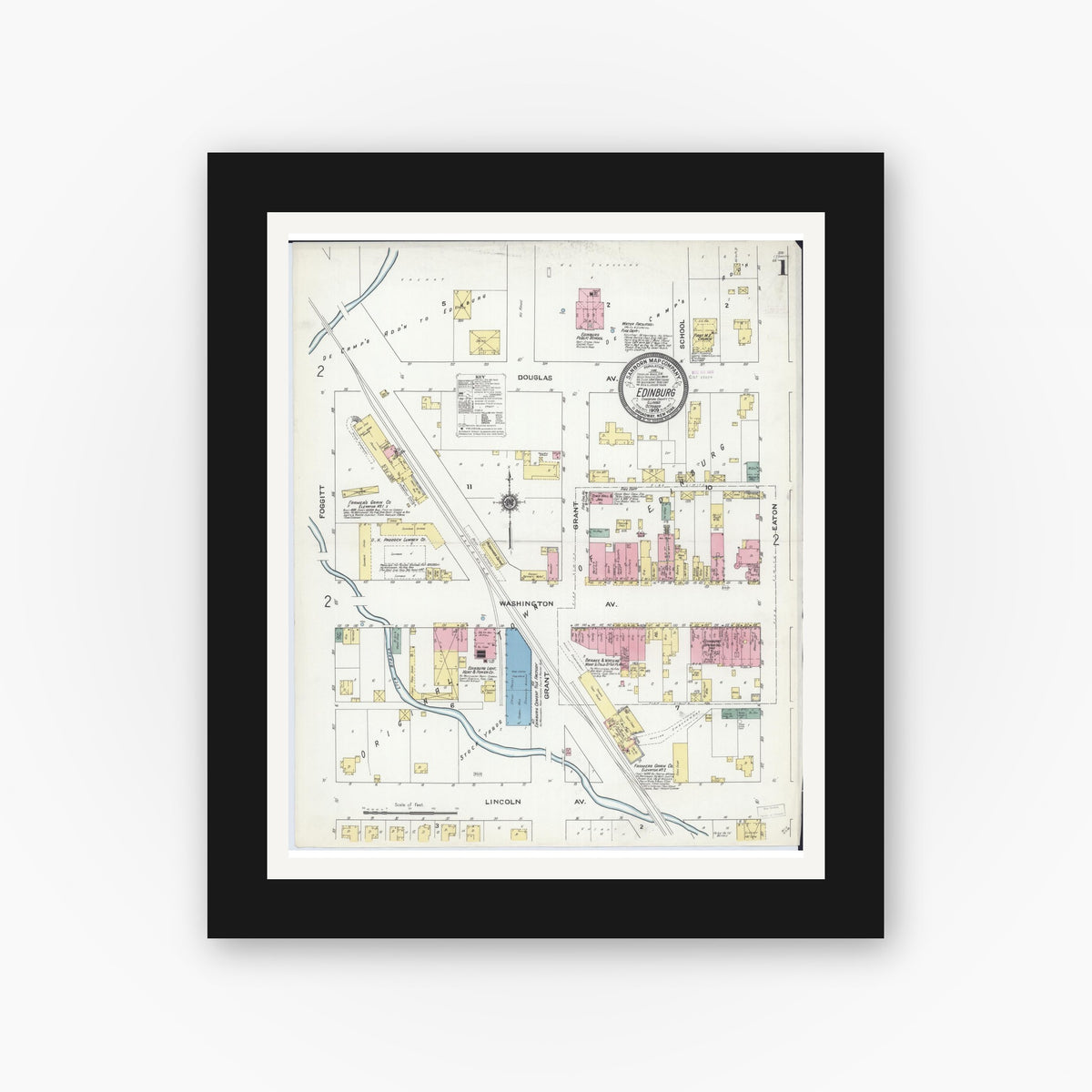 Old map wall art mockup — black gallery frame with white mat — Sanborn Fire Insurance Map from Edinburgh, Christian County, Illinois (1909) - Complete Map Set