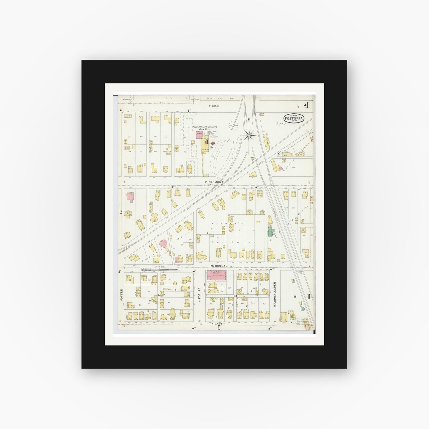 Old map wall art mockup — black gallery frame with white mat — Sanborn Fire Insurance Map from Fostoria, Seneca, Hancock, And Wood Counties, Ohio (1896), Sheet #0004