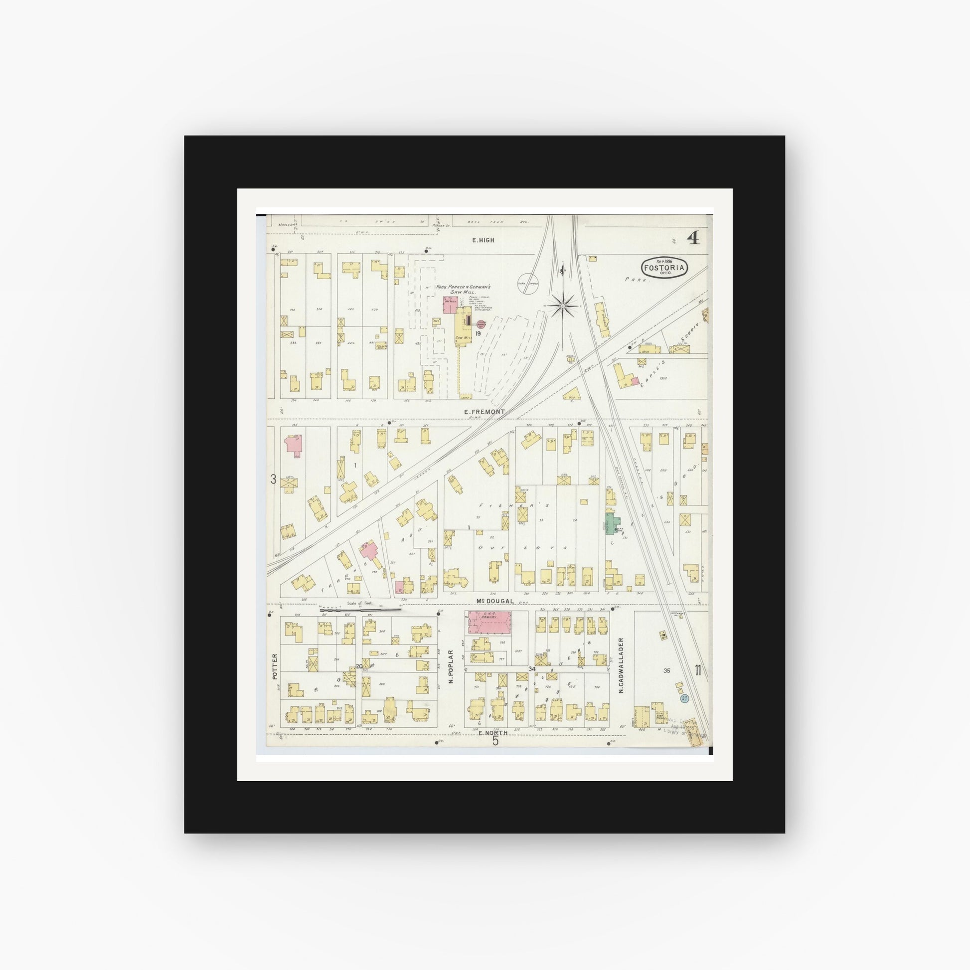 Old map wall art mockup — black gallery frame with white mat — Sanborn Fire Insurance Map from Fostoria, Seneca, Hancock, And Wood Counties, Ohio (1896), Sheet #0004