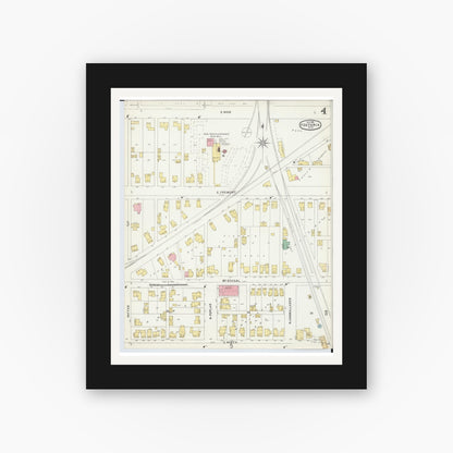 Old map wall art mockup — black gallery frame with white mat — Sanborn Fire Insurance Map from Fostoria, Seneca, Hancock, And Wood Counties, Ohio (1896), Sheet #0004