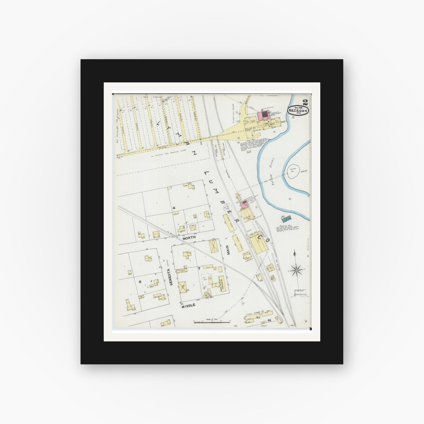 Old map wall art mockup — black gallery frame with white mat — Sanborn Fire Insurance Map from Necedah, Juneau County, Wisconsin (1891), Sheet #0002