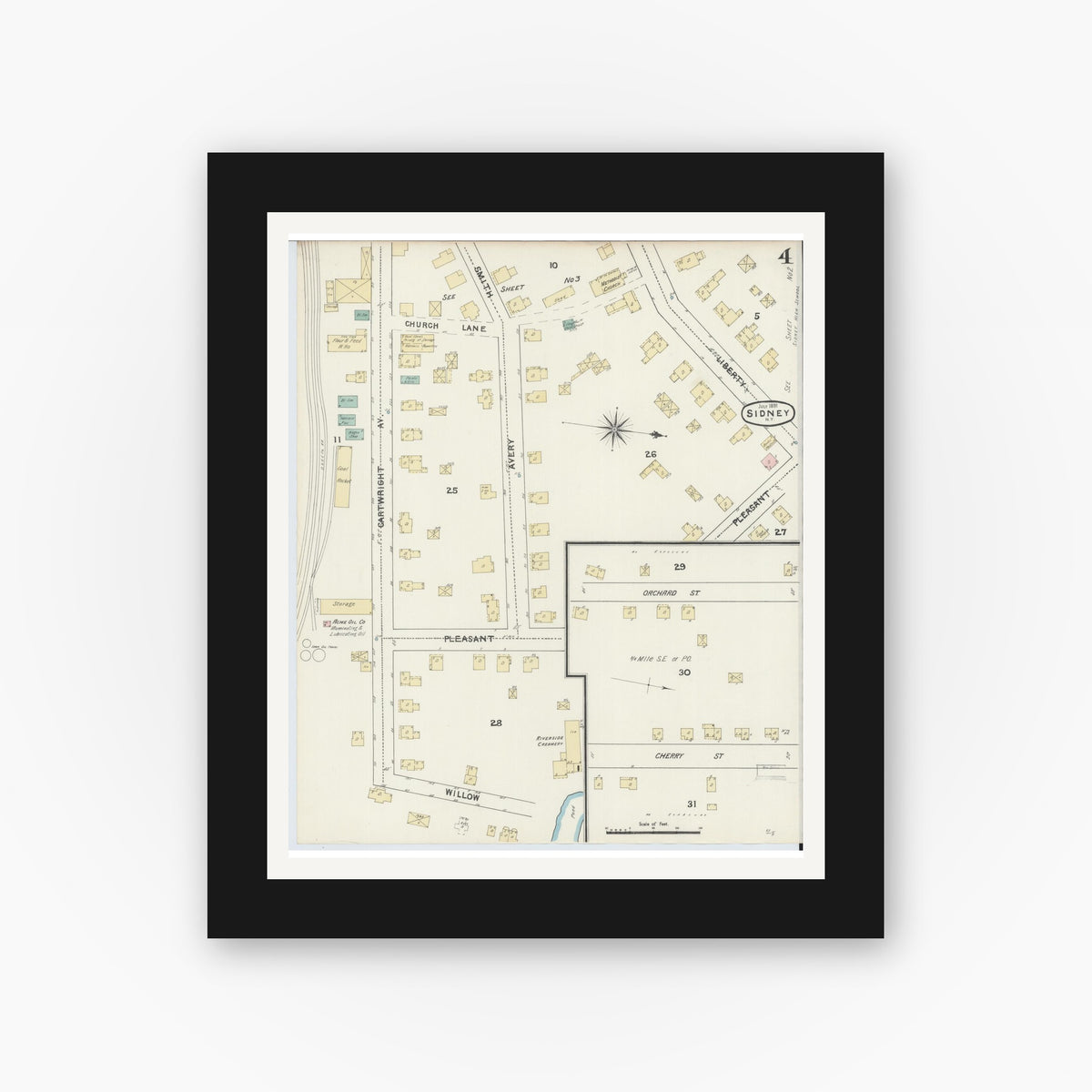 Old map wall art mockup — black gallery frame with white mat — Sanborn Fire Insurance Map from Sidney, Delaware County, New York (1891), Sheet #0004