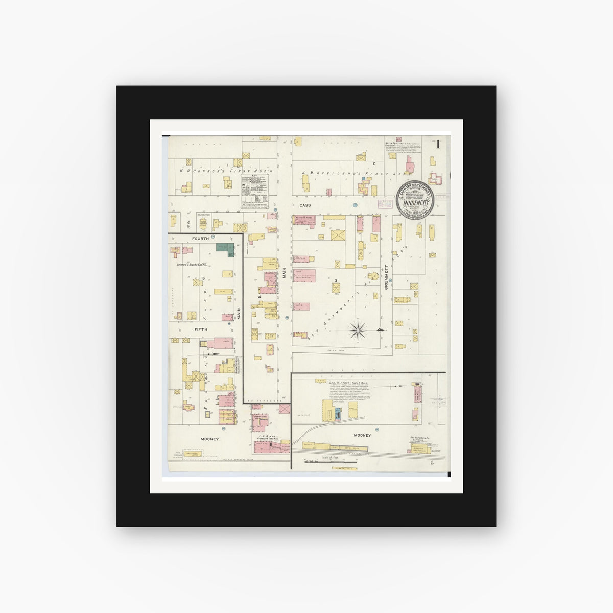 Old map wall art mockup — black gallery frame with white mat — Sanborn Fire Insurance Map from Minden City, Sanilac County, Michigan (1909), Sheet #0001