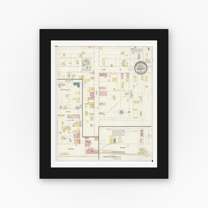 Old map wall art mockup — black gallery frame with white mat — Sanborn Fire Insurance Map from Minden City, Sanilac County, Michigan (1909), Sheet #0001