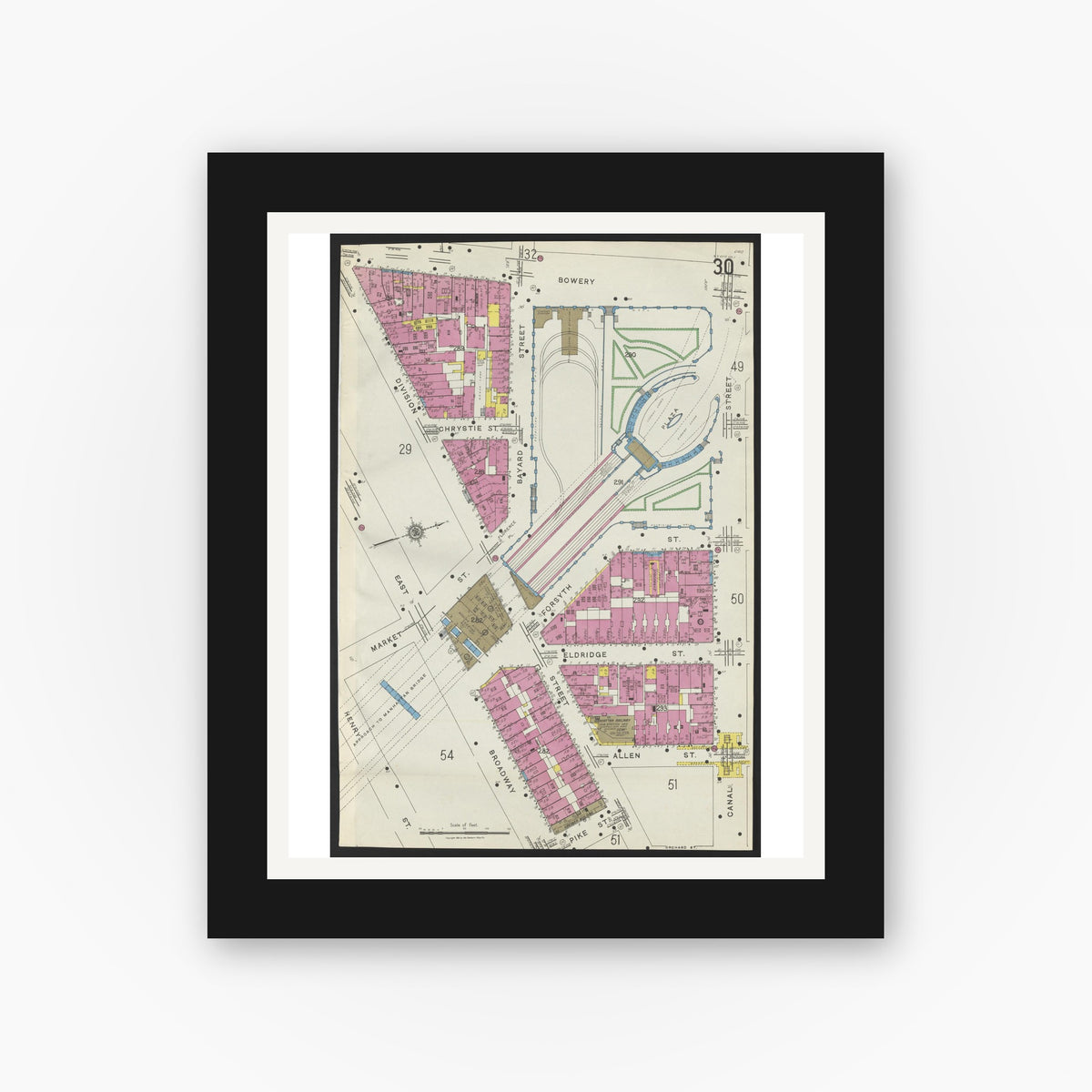 Old map wall art mockup — black gallery frame with white mat — Sanborn Fire Insurance Map from New York, Bronx, Manhattan, New York (1923), Sheet #0030