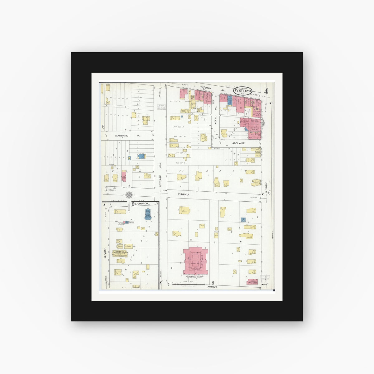 Old map wall art mockup — black gallery frame with white mat — Sanborn Fire Insurance Map from Elmhurst, Du Page County, Illinois (1918), Sheet #0004