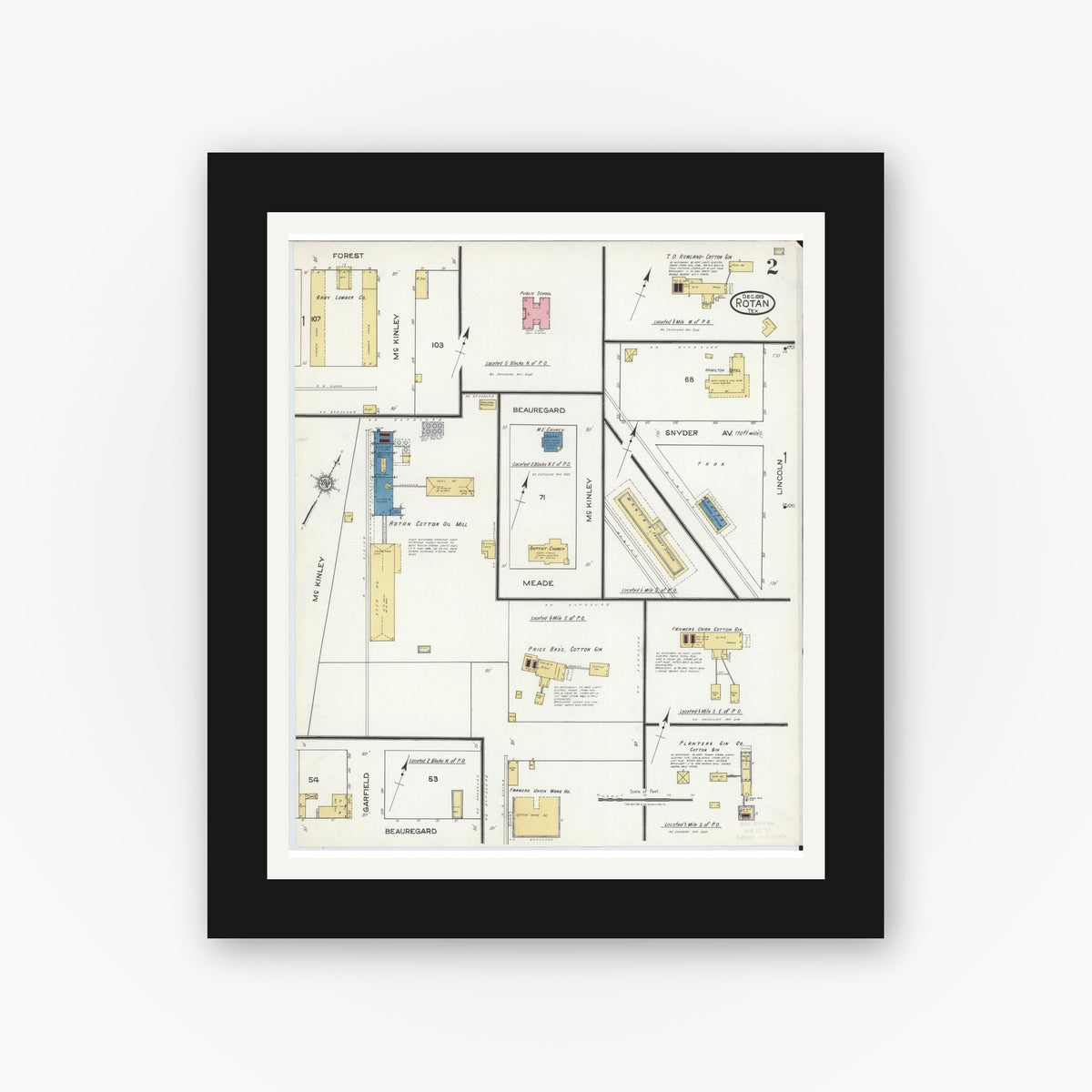 Old map wall art mockup — black gallery frame with white mat — Sanborn Fire Insurance Map from Rotan, Fisher County, Texas (1919), Sheet #0002