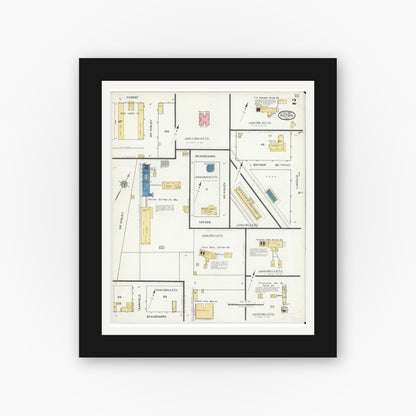 Old map wall art mockup — black gallery frame with white mat — Sanborn Fire Insurance Map from Rotan, Fisher County, Texas (1919), Sheet #0002