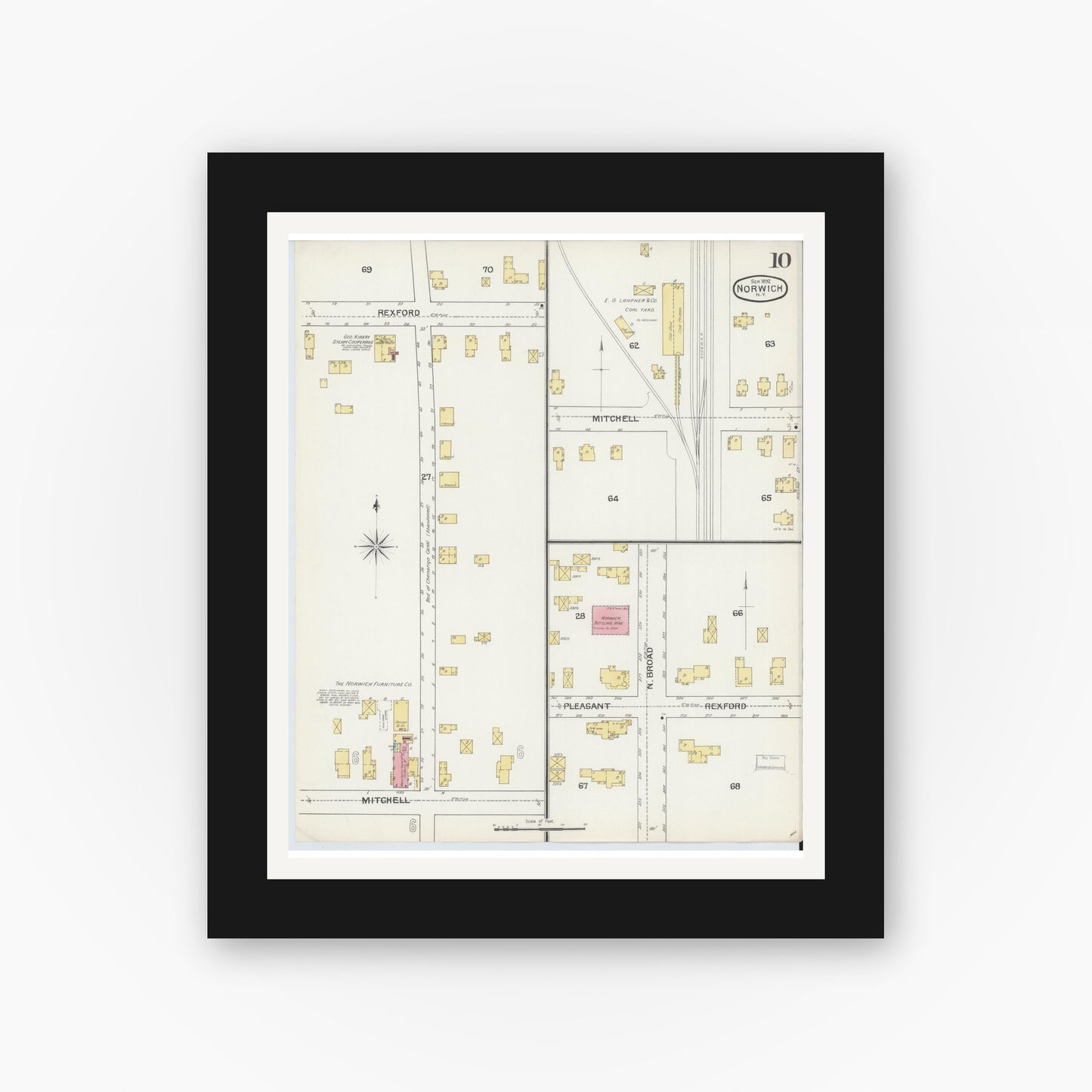 Old map wall art mockup — black gallery frame with white mat — Sanborn Fire Insurance Map from Norwich, Chenango County, New York (1892), Sheet #0010