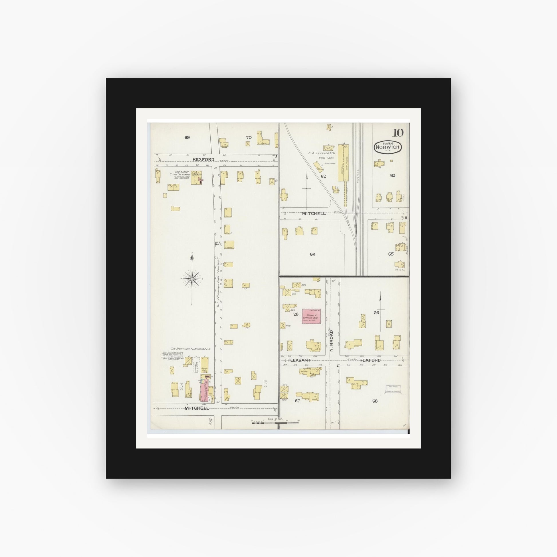 Old map wall art mockup — black gallery frame with white mat — Sanborn Fire Insurance Map from Norwich, Chenango County, New York (1892), Sheet #0010