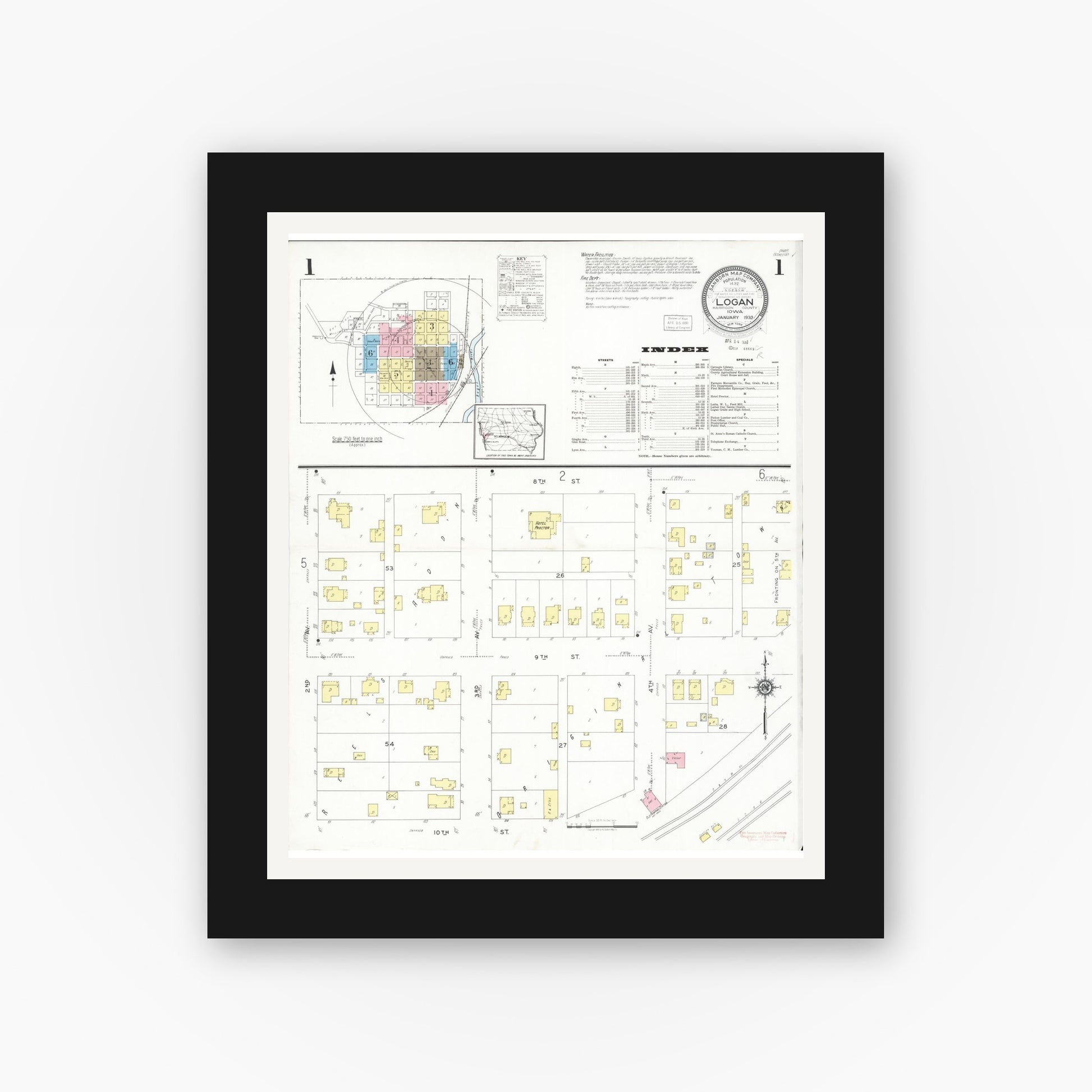 Old map wall art mockup — black gallery frame with white mat — Sanborn Fire Insurance Map from Logan, Harrison County, Iowa (1930), Sheet #0001