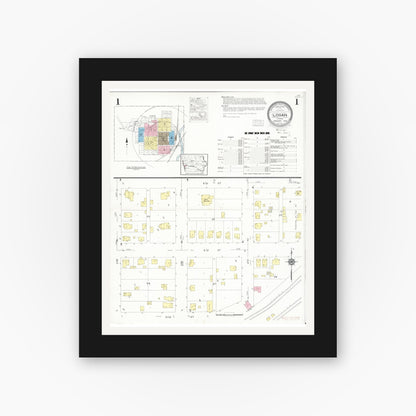 Old map wall art mockup — black gallery frame with white mat — Sanborn Fire Insurance Map from Logan, Harrison County, Iowa (1930), Sheet #0001