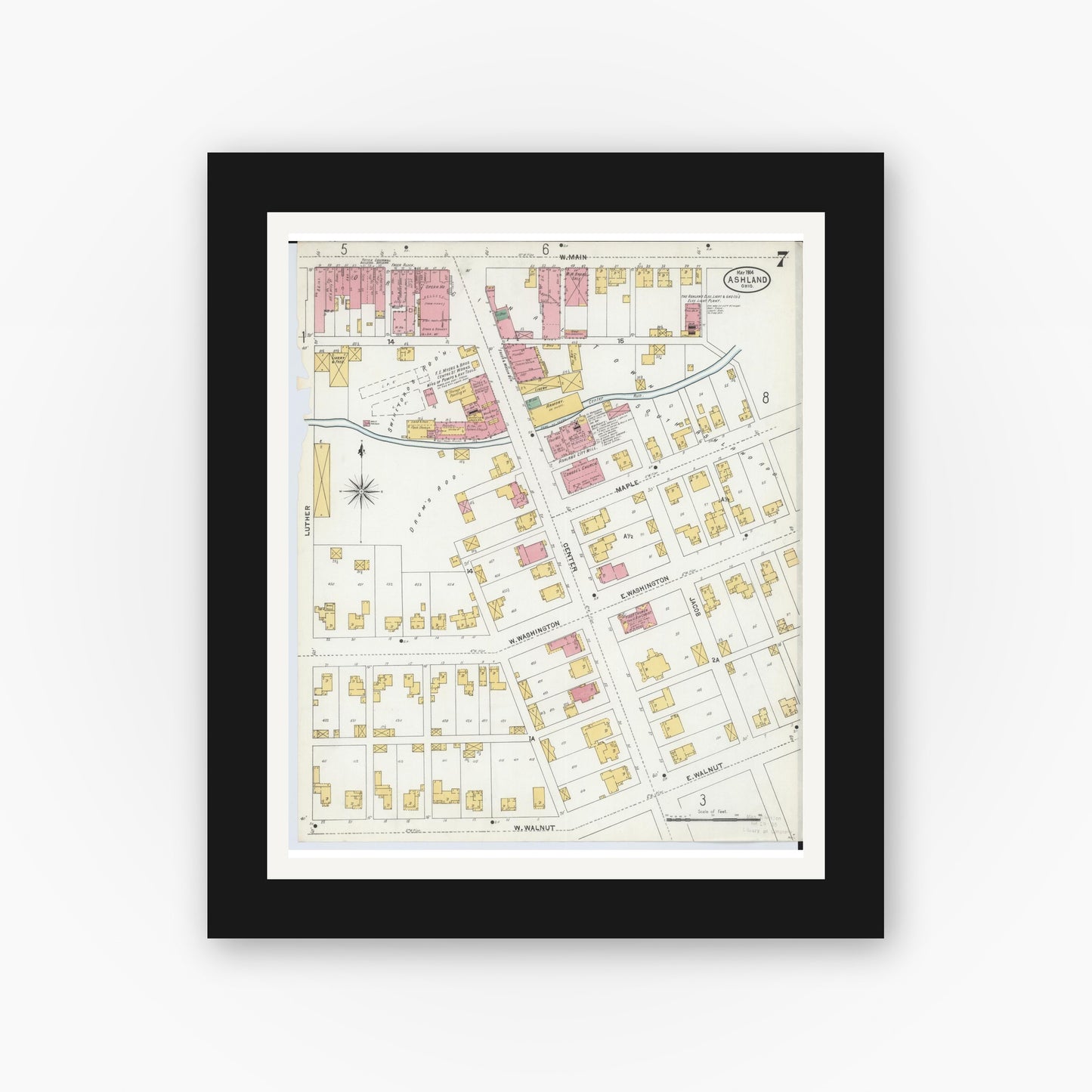 Old map wall art mockup — black gallery frame with white mat — Sanborn Fire Insurance Map from Ashland, Ashland County, Ohio (1904), Sheet #0007