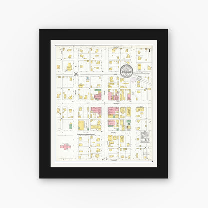 Old map wall art mockup — black gallery frame with white mat — Sanborn Fire Insurance Map from New Sharon, Mahaska County, Iowa (1902) â€” Complete Set