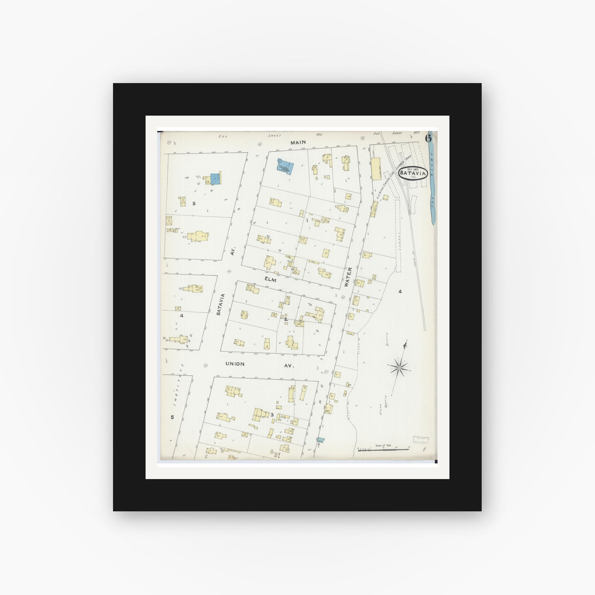 Old map wall art mockup — black gallery frame with white mat — Sanborn Fire Insurance Map from Batavia, Kane County, Illinois (1891), Sheet #0006