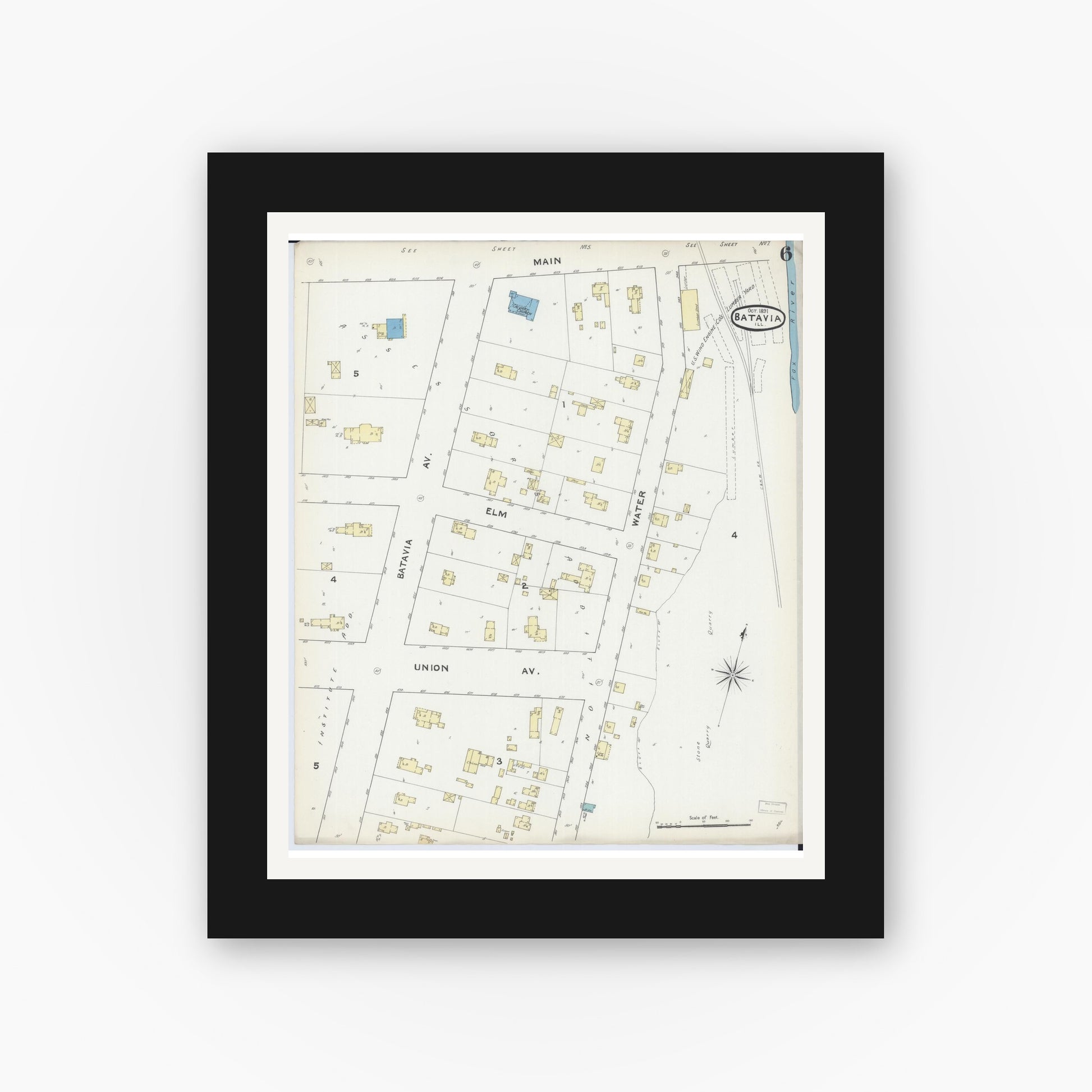 Old map wall art mockup — black gallery frame with white mat — Sanborn Fire Insurance Map from Batavia, Kane County, Illinois (1891), Sheet #0006