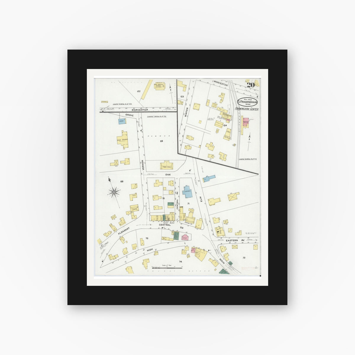 Old map wall art mockup — black gallery frame with white mat — Sanborn Fire Insurance Map from South Farmington, Middlesex County, Massachusetts (1909), Sheet #0020