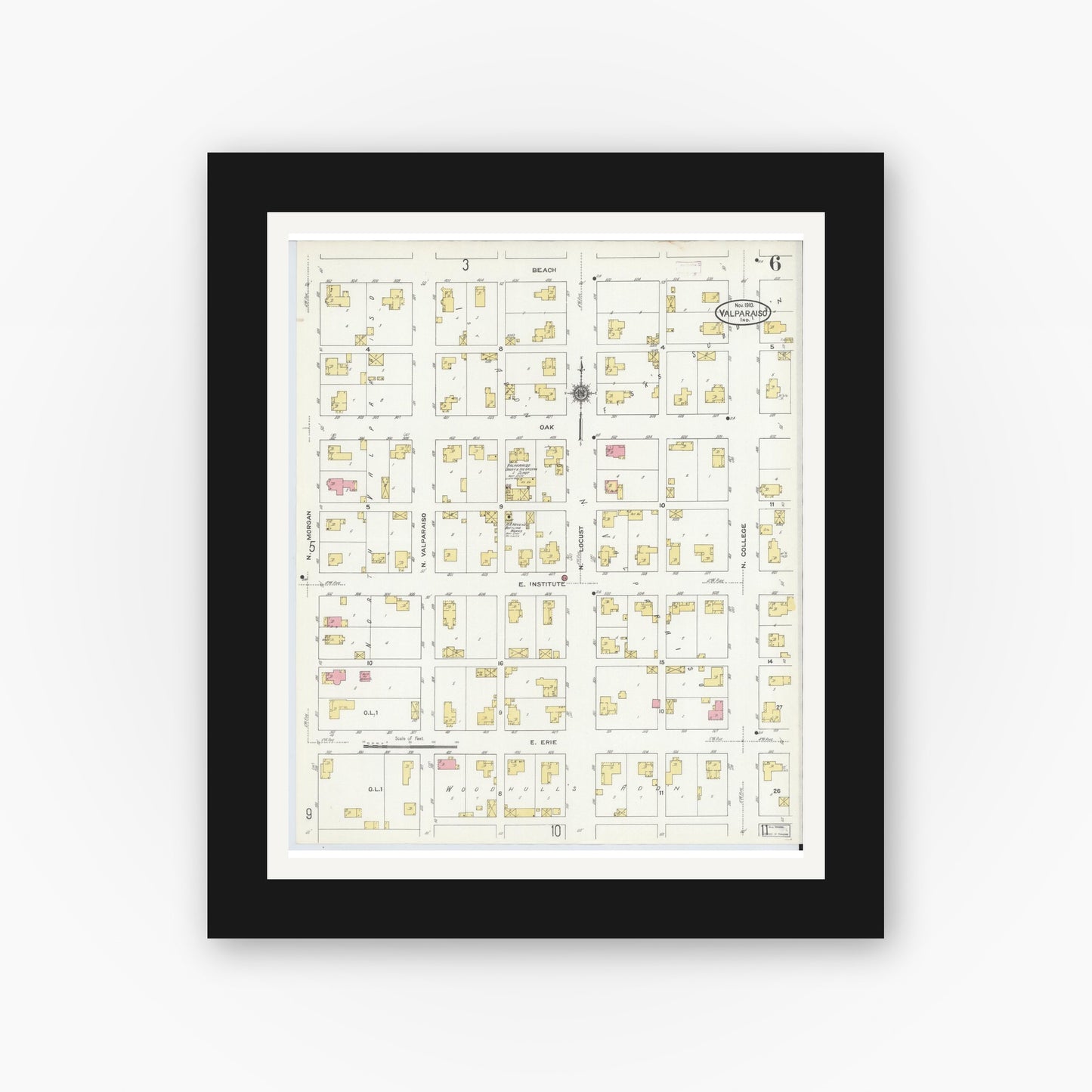 Old map wall art mockup — black gallery frame with white mat — Sanborn Fire Insurance Map from Valparaiso, Porter County, Indiana (1910), Sheet #0006
