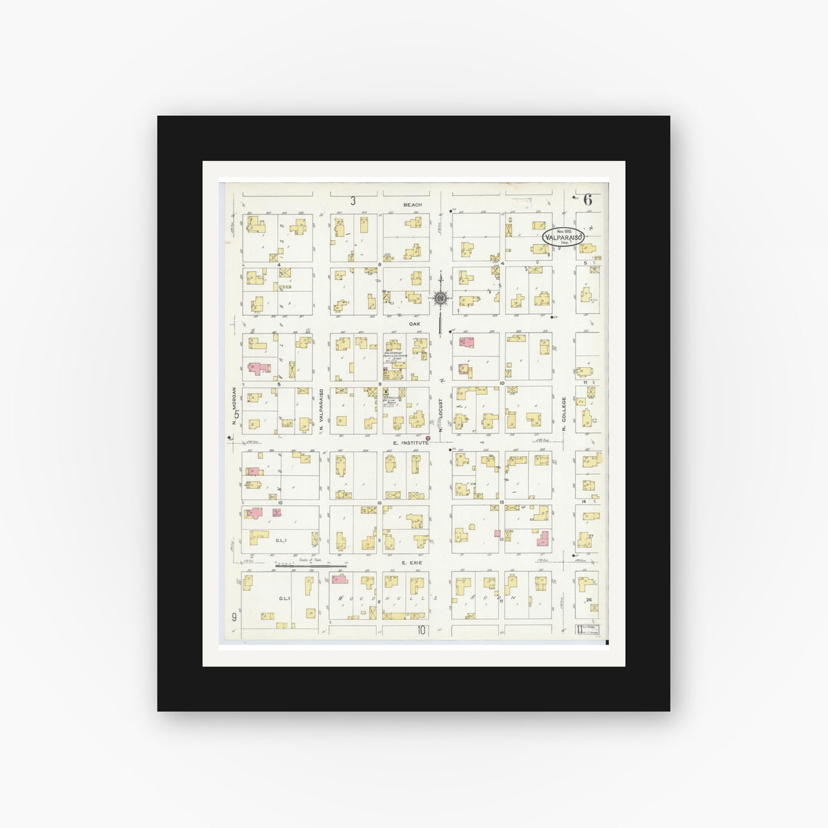 Old map wall art mockup — black gallery frame with white mat — Sanborn Fire Insurance Map from Valparaiso, Porter County, Indiana (1910), Sheet #0006