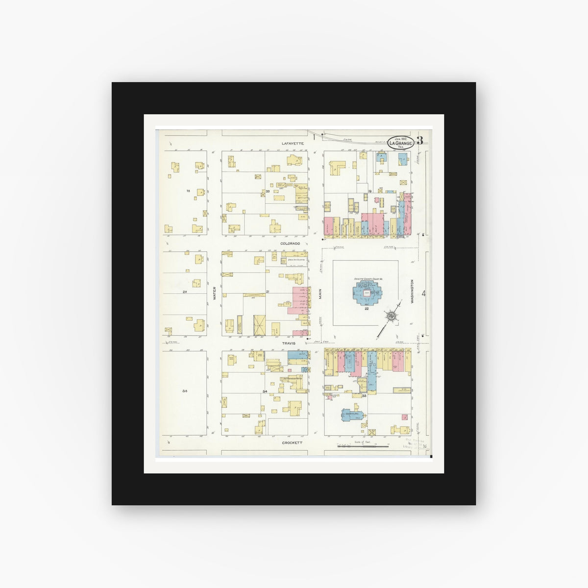 Old map wall art mockup — black gallery frame with white mat — Sanborn Fire Insurance Map from La Grange, Fayette County, Texas (1912), Sheet #0003