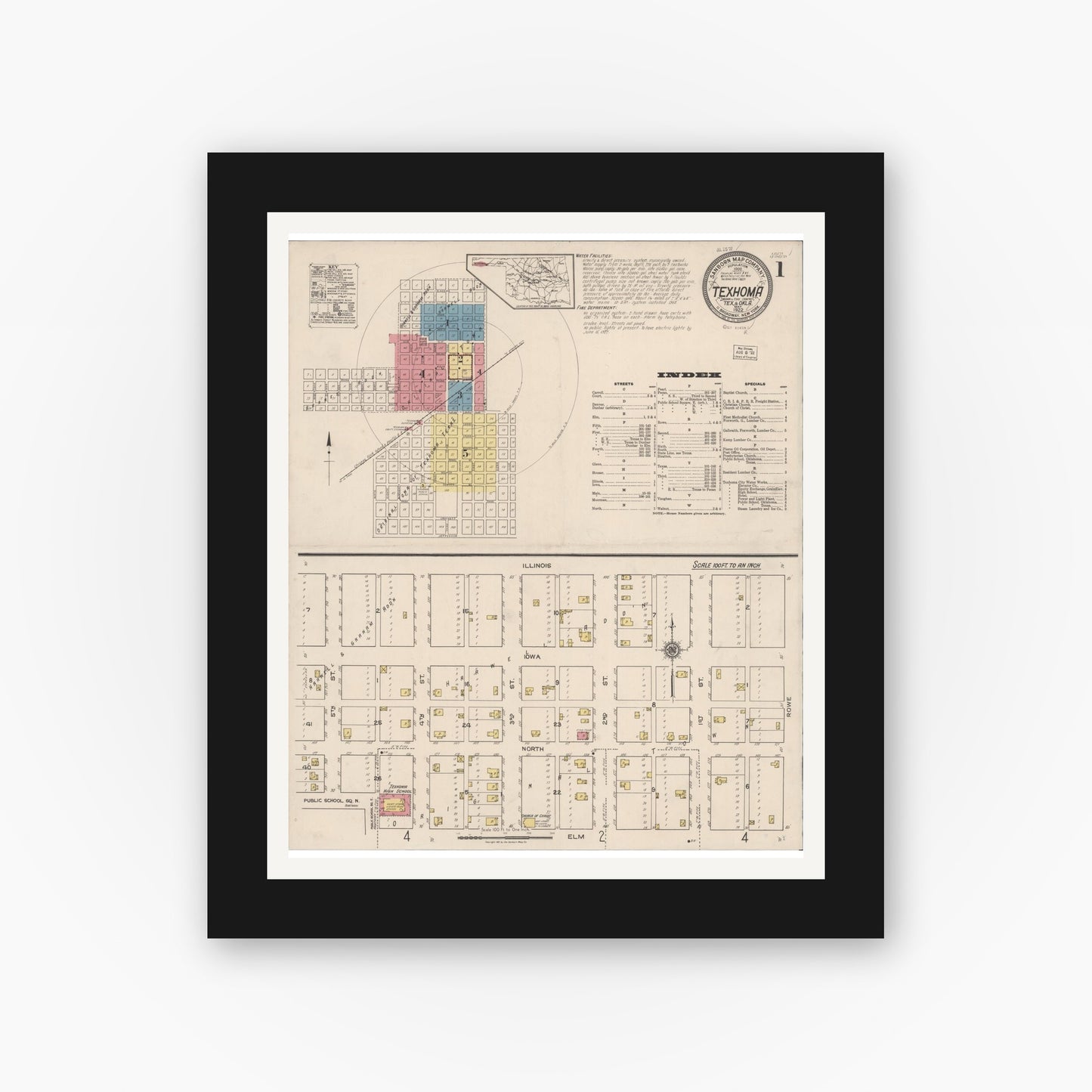 Old map wall art mockup — black gallery frame with white mat — Sanborn Fire Insurance Map from Texhoma, Texas County, Oklahoma and Sherman County, Texas, Texas (1922) - Complete Map Set