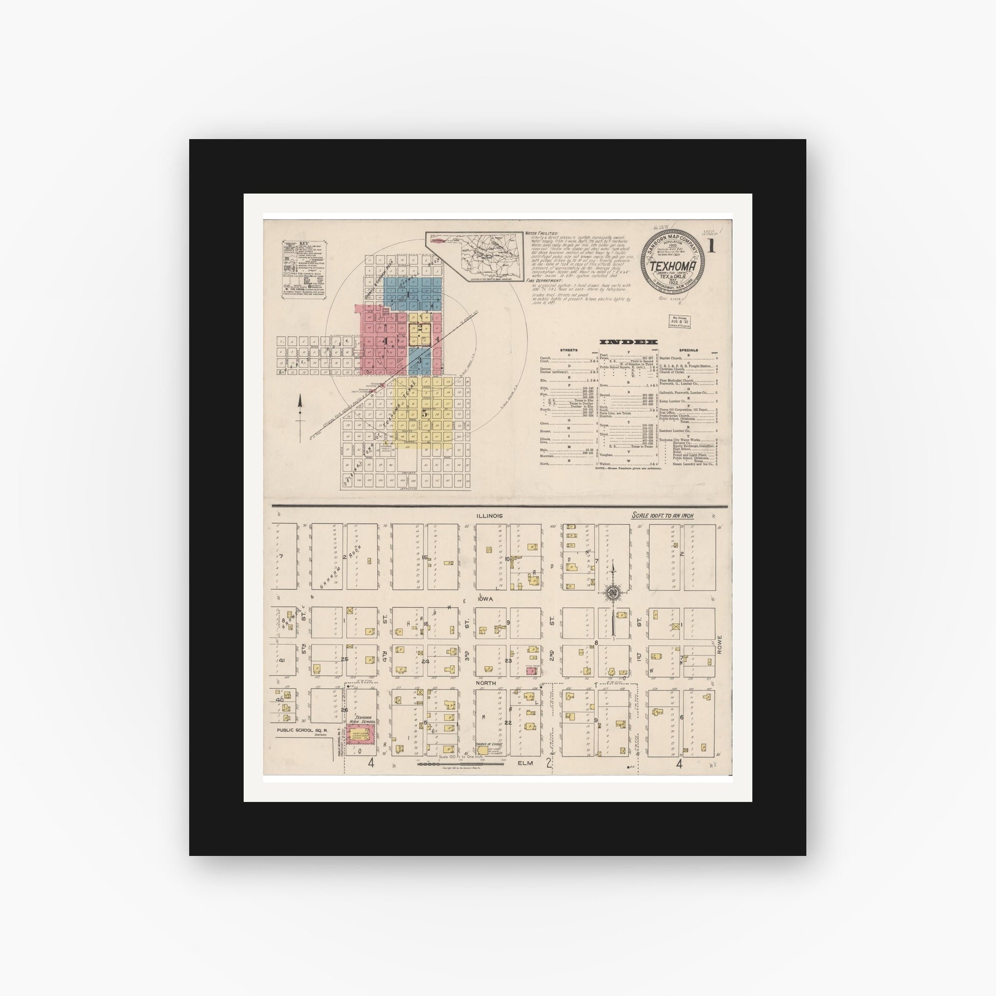 Old map wall art mockup — black gallery frame with white mat — Sanborn Fire Insurance Map from Texhoma, Texas County, Oklahoma and Sherman County, Texas, Texas (1922) - Complete Map Set