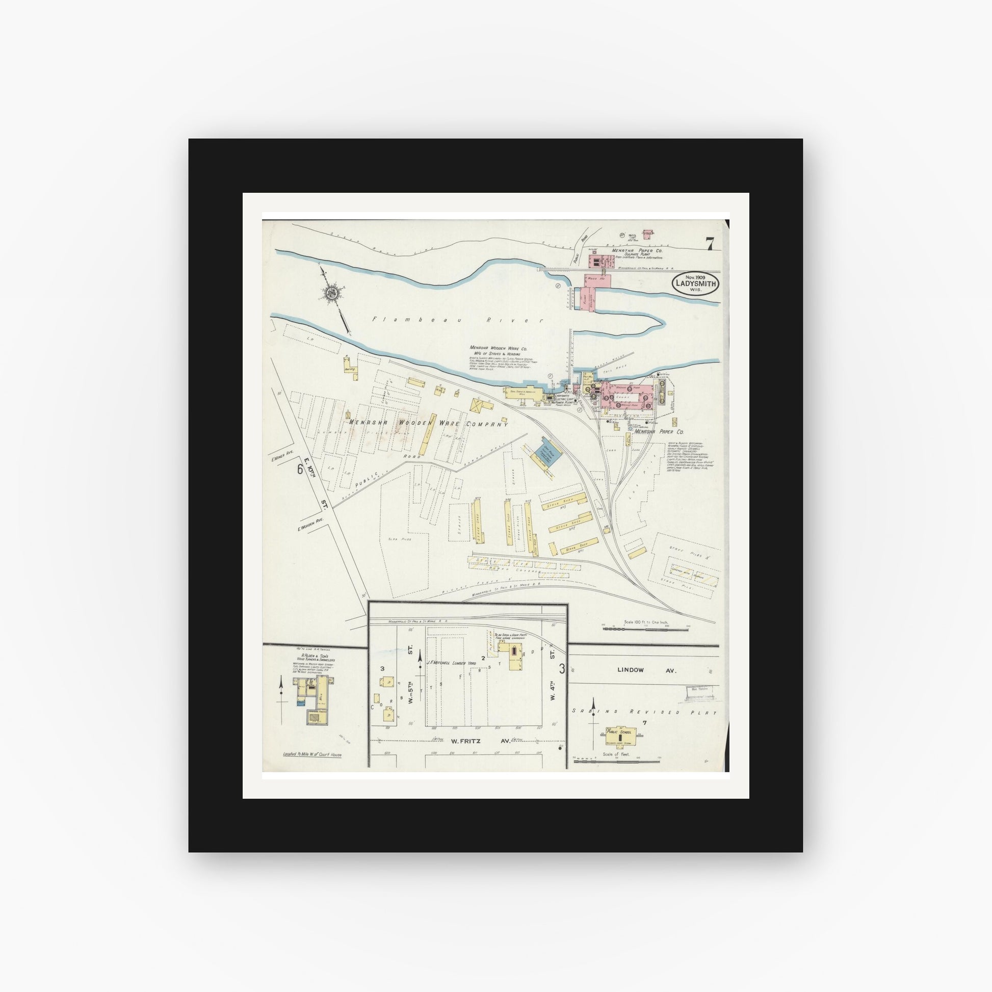 Old map wall art mockup — black gallery frame with white mat — Sanborn Fire Insurance Map from Ladysmith, Rusk County, Wisconsin (1909), Sheet #0007