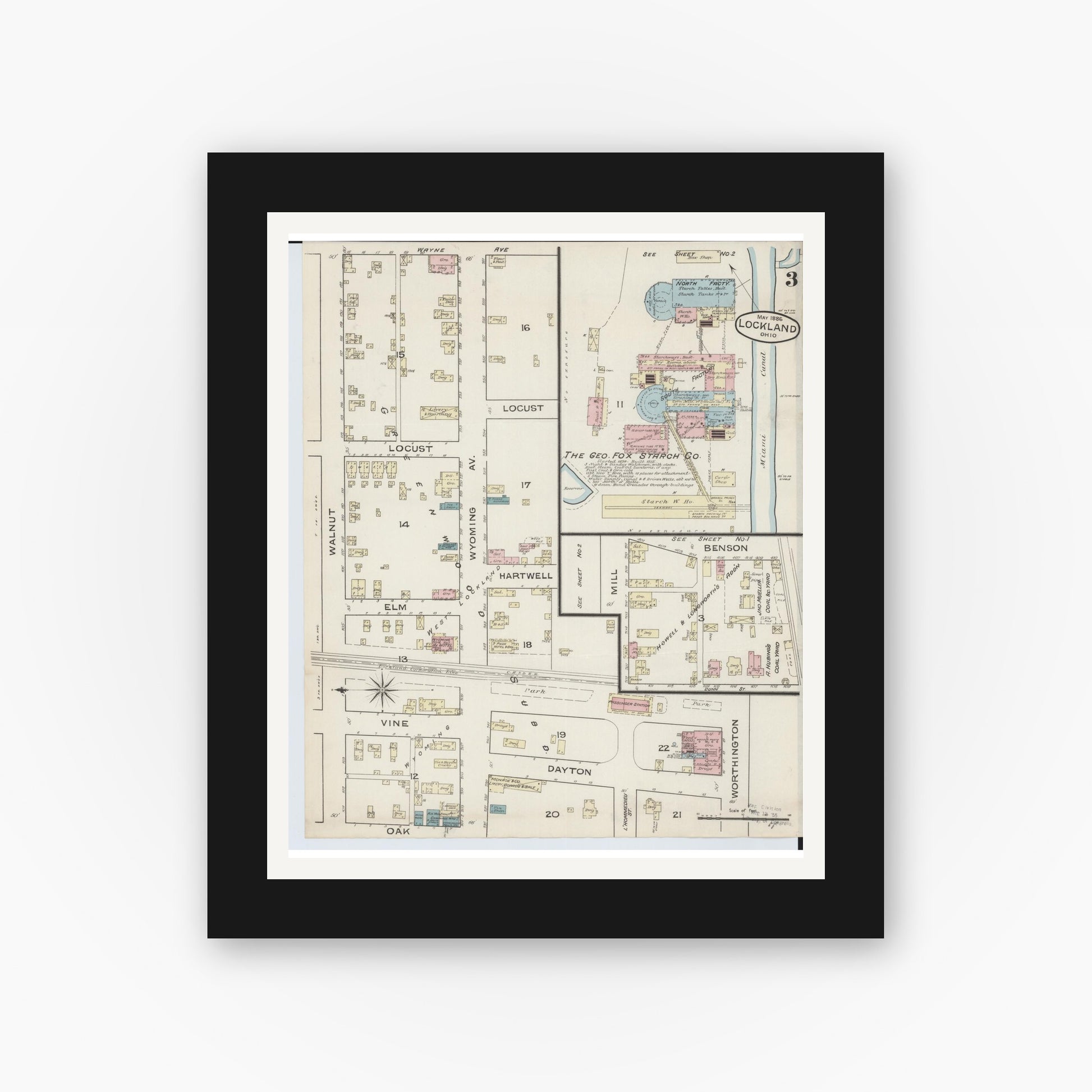 Old map wall art mockup — black gallery frame with white mat — Sanborn Fire Insurance Map from Lockland, Hamilton County, Ohio (1886), Sheet #0003