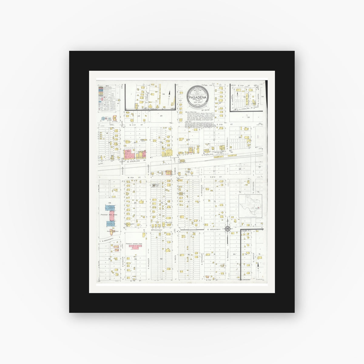 Old map wall art mockup — black gallery frame with white mat — Sanborn Fire Insurance Map from Pasadena, Harris County, Texas (1932), Sheet #0001
