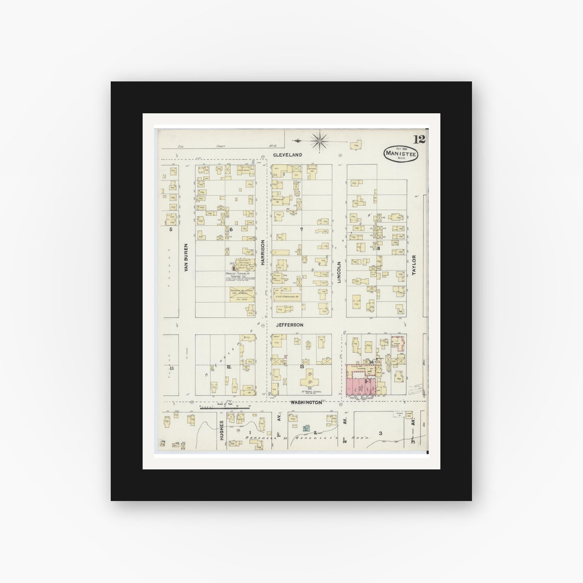 Old map wall art mockup — black gallery frame with white mat — Sanborn Fire Insurance Map from Manistee, Manistee County, Michigan (1890), Sheet #0012