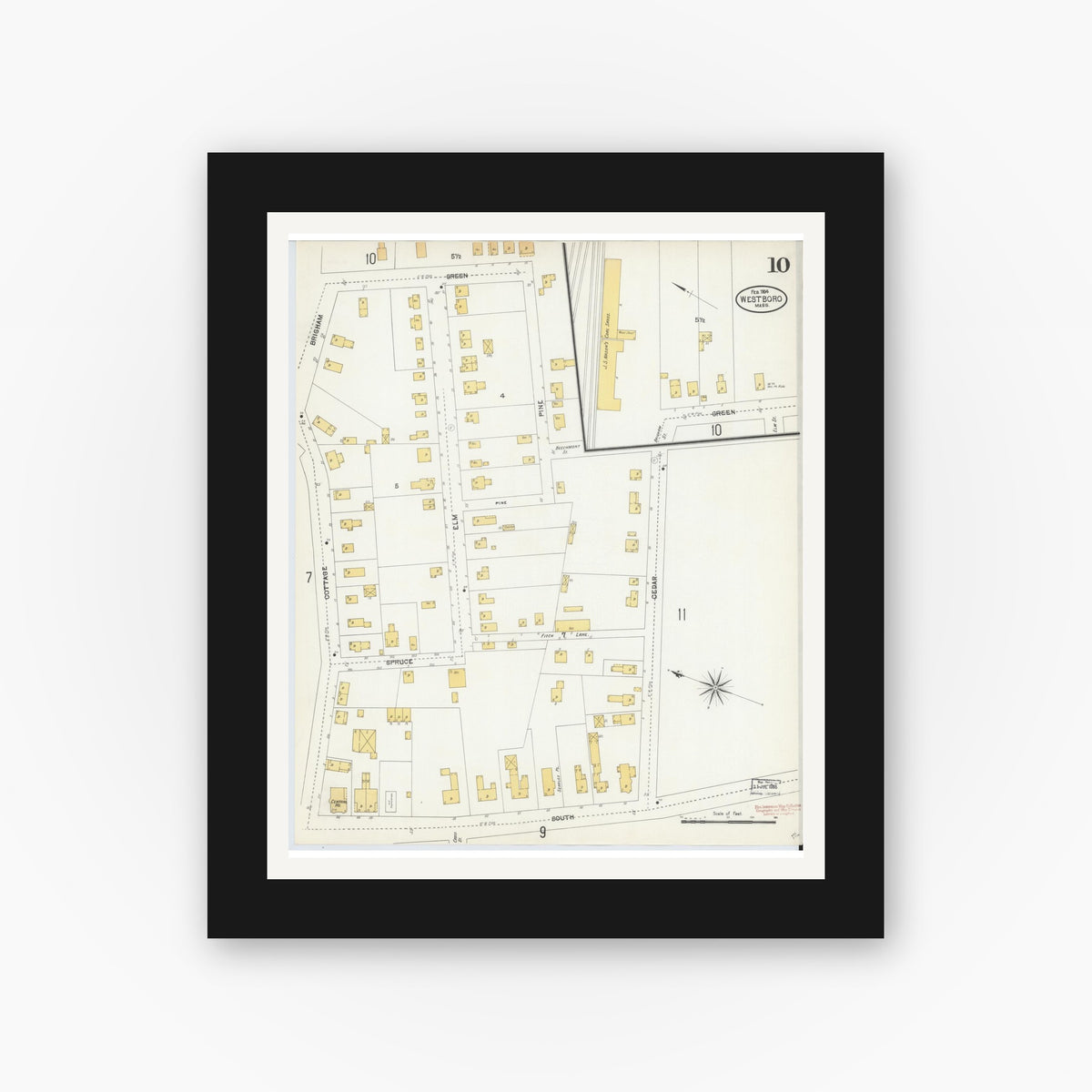 Old map wall art mockup — black gallery frame with white mat — Sanborn Fire Insurance Map from Westboro, Worcester County, Massachusetts (1904), Sheet #0010