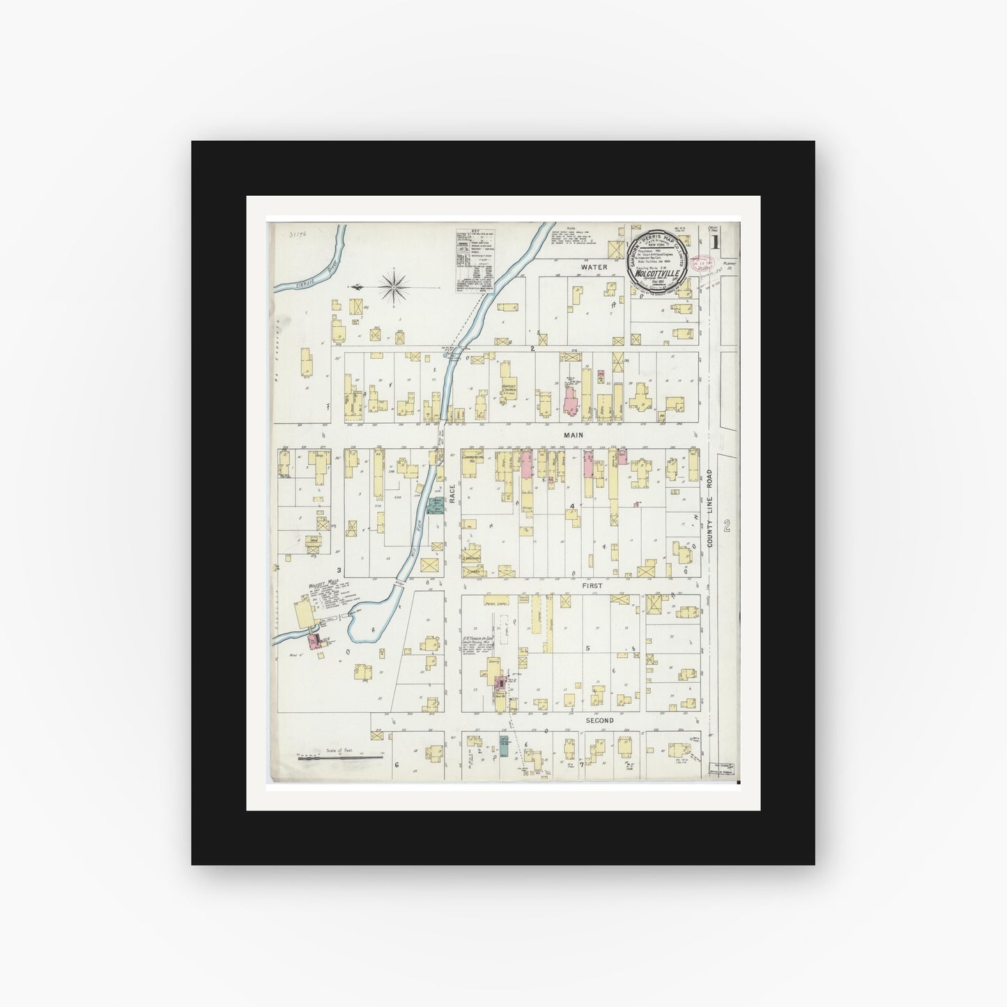 Old map wall art mockup — black gallery frame with white mat — Sanborn Fire Insurance Map from Wolcottville, Noble And LaGrange Counties, Indiana (1895) - Complete Map Set