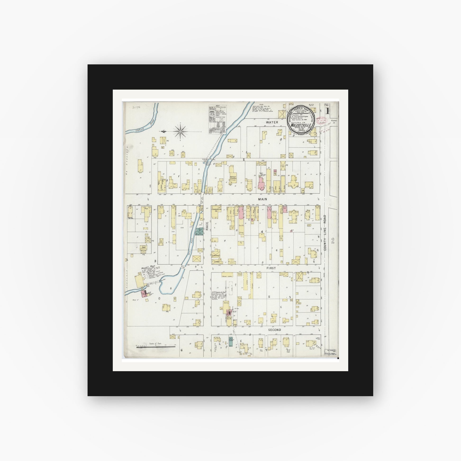 Old map wall art mockup — black gallery frame with white mat — Sanborn Fire Insurance Map from Wolcottville, Noble And LaGrange Counties, Indiana (1895) - Complete Map Set