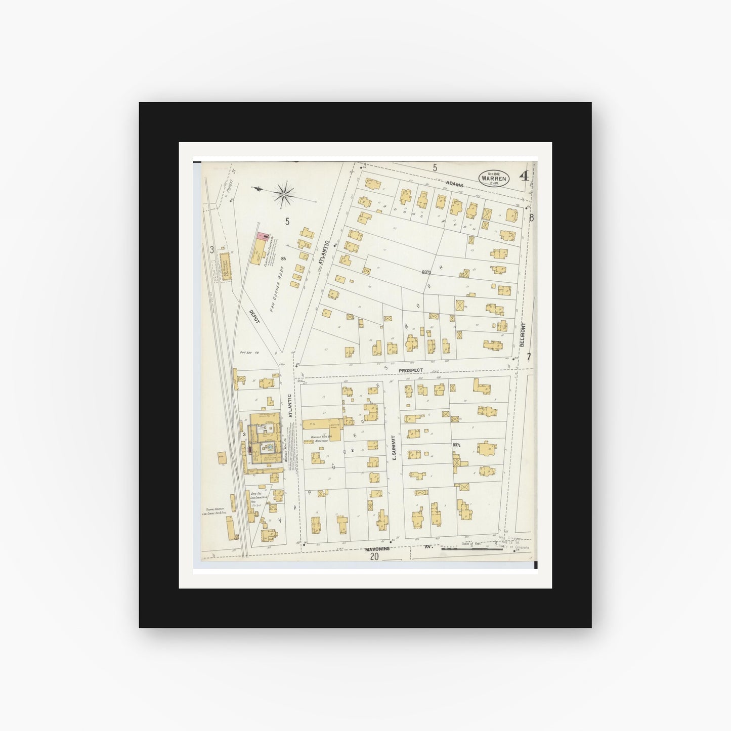 Old map wall art mockup — black gallery frame with white mat — Sanborn Fire Insurance Map from Warren, Trumbull County, Ohio (1902), Sheet #0004