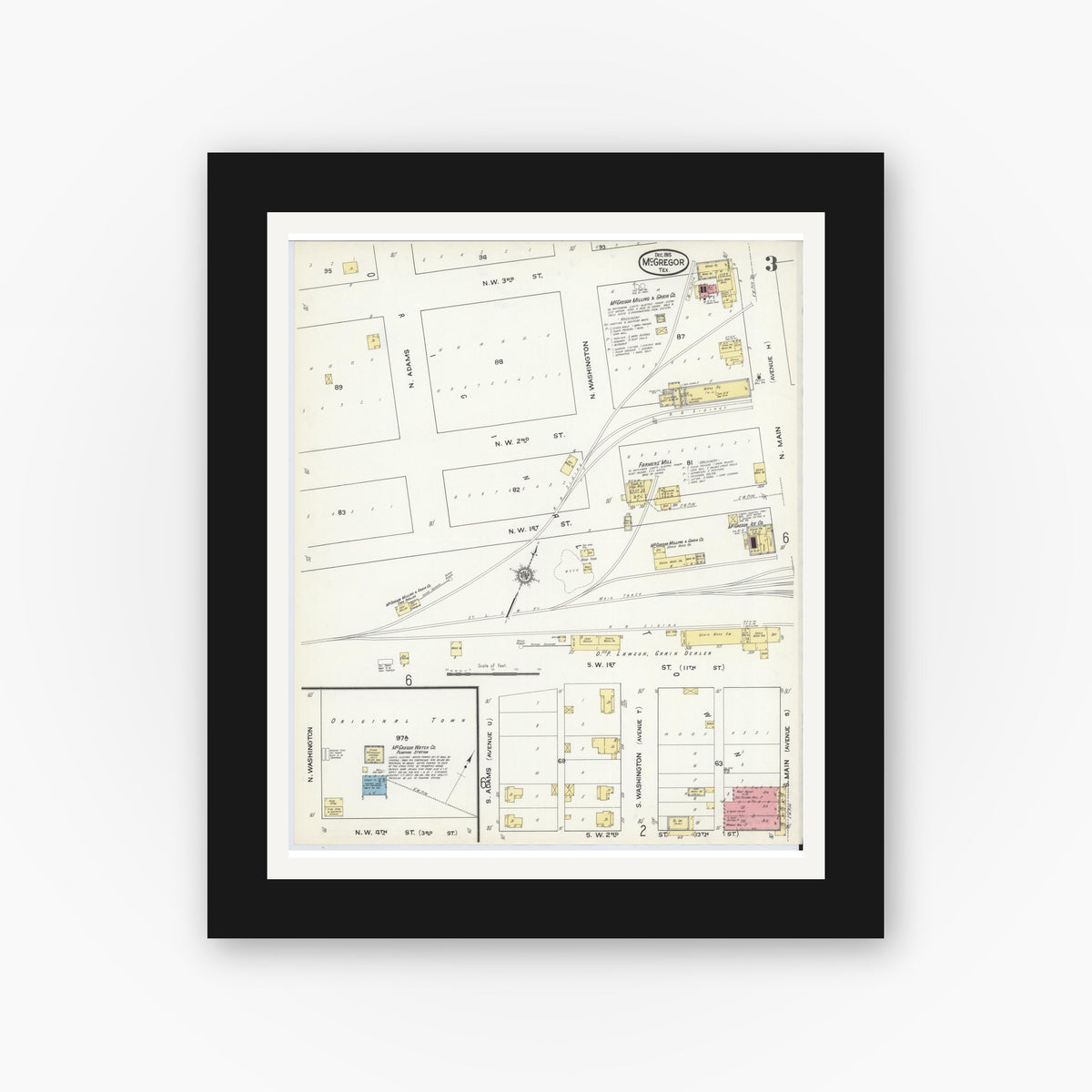 Old map wall art mockup — black gallery frame with white mat — Sanborn Fire Insurance Map from McGregor, McLennan County, Texas (1915), Sheet #0003
