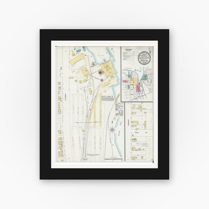 Old map wall art mockup — black gallery frame with white mat — Sanborn Fire Insurance Map from Peshtigo, Marinette County, Wisconsin (1898), Sheet #0001