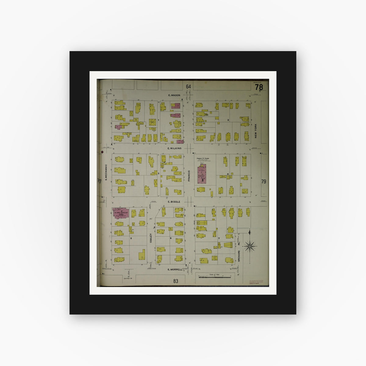 Old map wall art mockup — black gallery frame with white mat — Sanborn Fire Insurance Map from Jackson, Jackson County, Michigan (1907), Sheet #0078