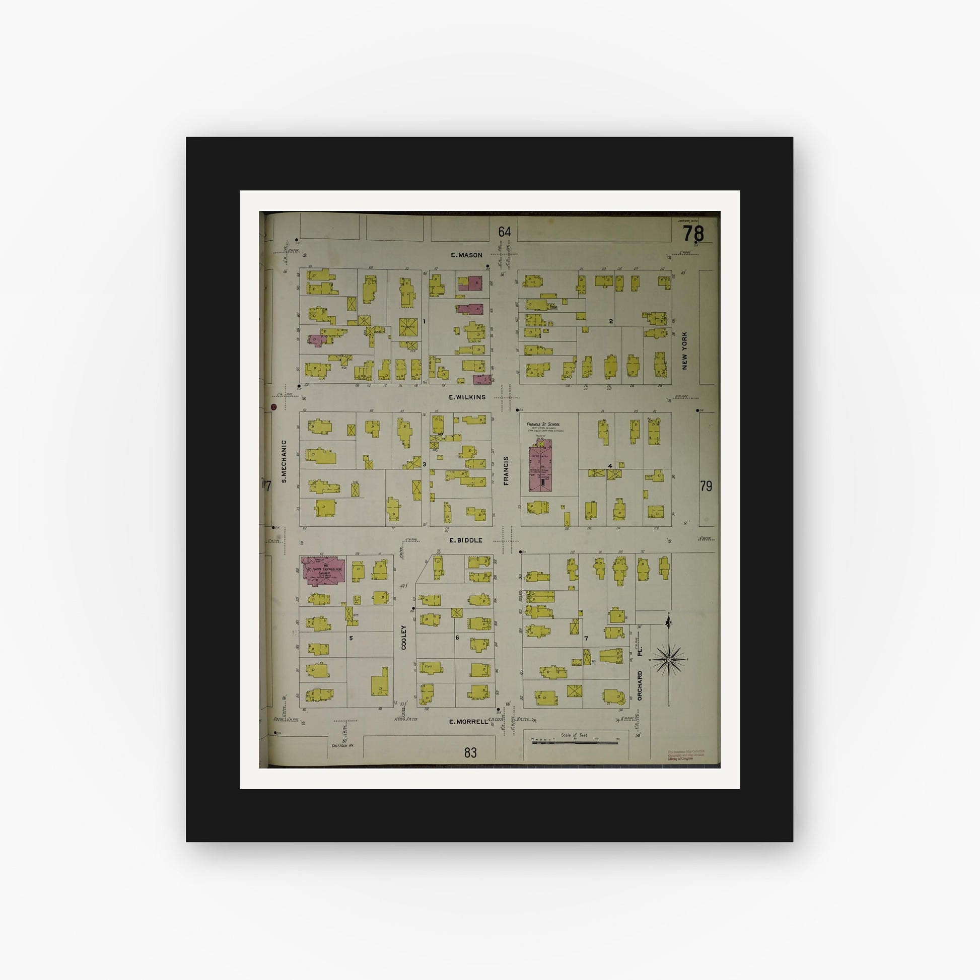 Old map wall art mockup — black gallery frame with white mat — Sanborn Fire Insurance Map from Jackson, Jackson County, Michigan (1907), Sheet #0078