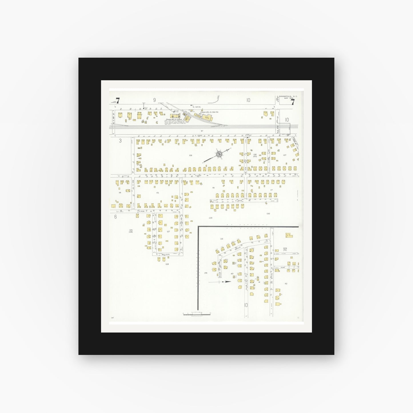 Old map wall art mockup — black gallery frame with white mat — Sanborn Fire Insurance Map from Kannapolis, Rowan And Cabarrus Counties, North Carolina (1932), Sheet #0007