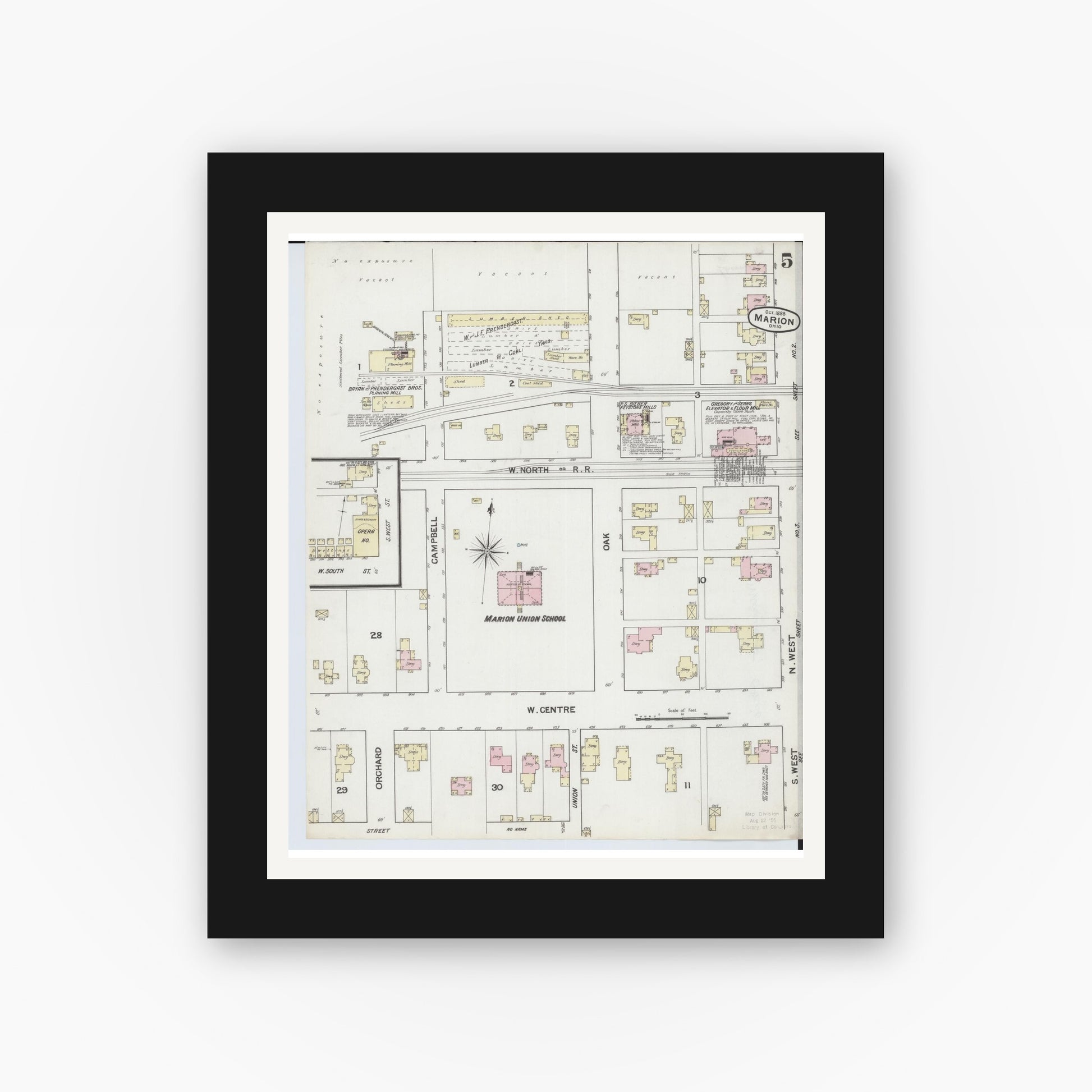 Old map wall art mockup — black gallery frame with white mat — Sanborn Fire Insurance Map from Marion, Marion County, Ohio (1888), Sheet #0005
