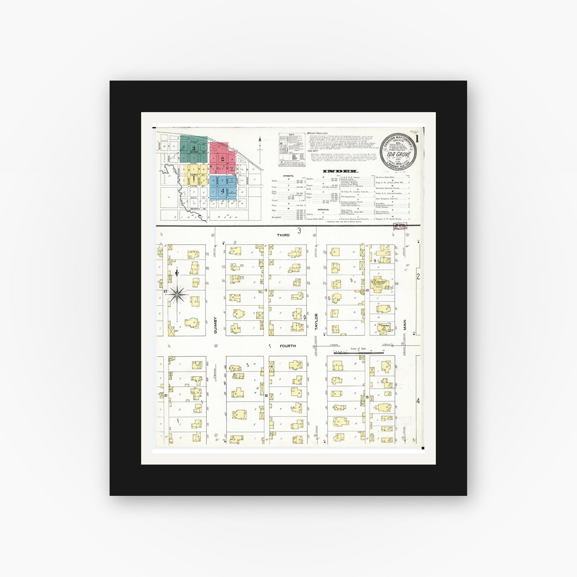 Old map wall art mockup — black gallery frame with white mat — Sanborn Fire Insurance Map from Ida Grove, Ida County, Iowa (1909), Sheet #0001